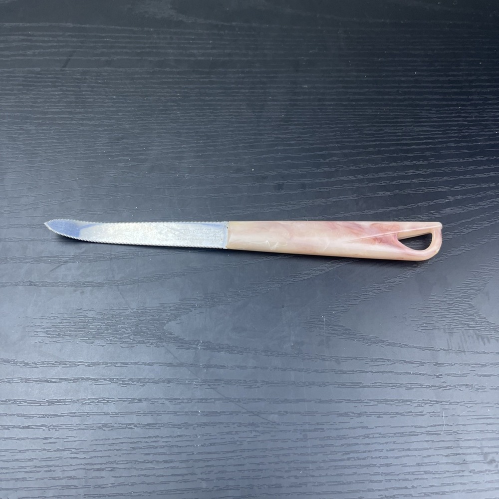 Vintage Cattaraugus for Tupperware 3 Prong Serving Knife Pink Marble Handle USA